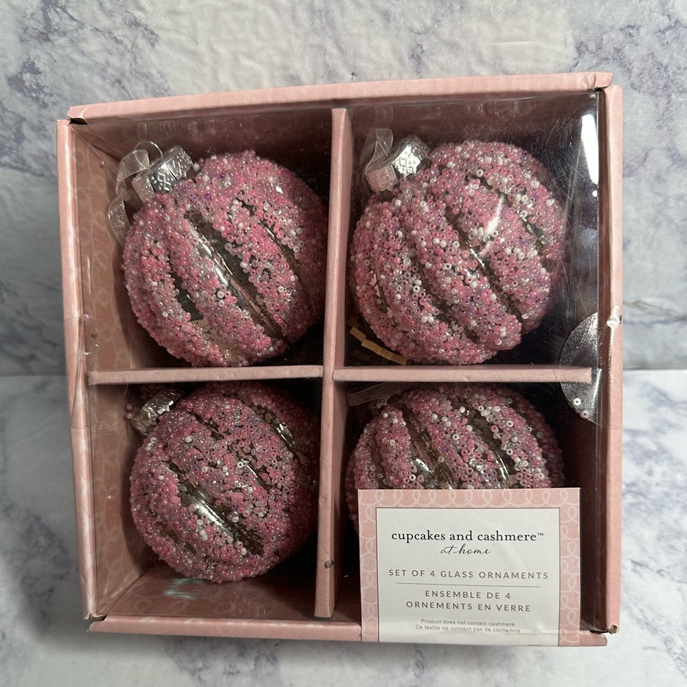 Cupcakes & Cashmere Set of 4 Pink Beaded Glass Christmas Ornaments
